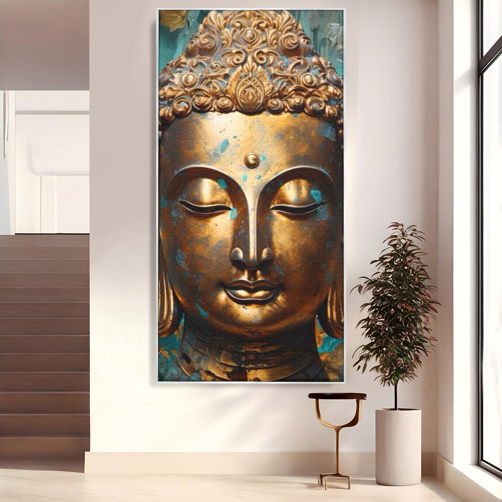 Tablou Canvas Premium LuxCanva® I127, Regal Zen, Buddha, Meditatie, Spiritualitate, Armonie, Pace Interioara, Echilibru, Eleganta, Frunze, Turcoaz, Gold, Living, Dormitor