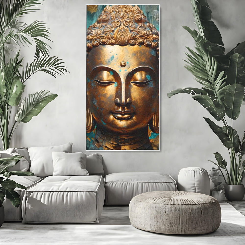 Tablou Canvas Premium LuxCanva® I127, Regal Zen, Buddha, Meditatie, Spiritualitate, Armonie, Pace Interioara, Echilibru, Eleganta, Frunze, Turcoaz, Gold, Living, Dormitor
