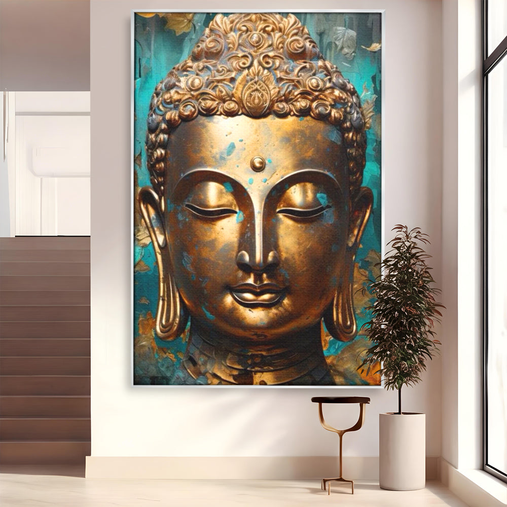 Tablou Canvas Premium LuxCanva® I127, Regal Zen, Buddha, Meditatie, Spiritualitate, Armonie, Pace Interioara, Echilibru, Eleganta, Frunze, Turcoaz, Gold, Living, Dormitor
