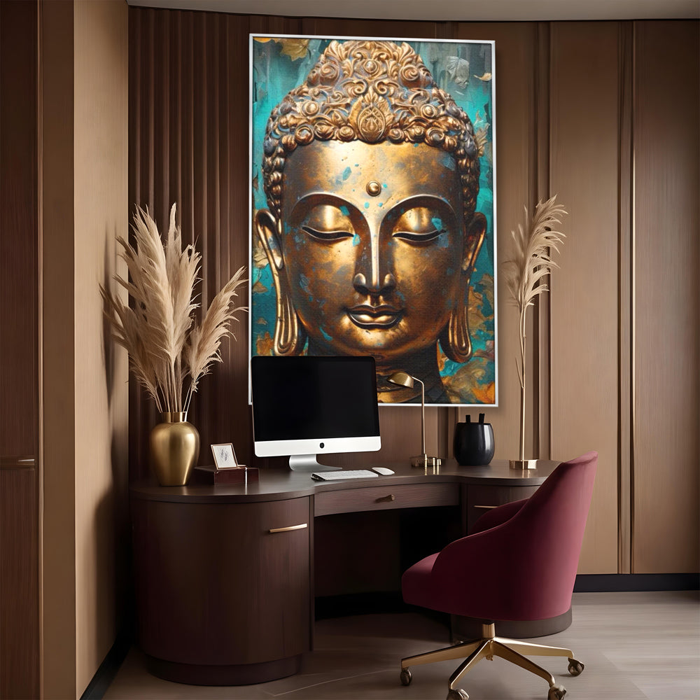 Tablou Canvas Premium LuxCanva® I127, Regal Zen, Buddha, Meditatie, Spiritualitate, Armonie, Pace Interioara, Echilibru, Eleganta, Frunze, Turcoaz, Gold, Living, Dormitor