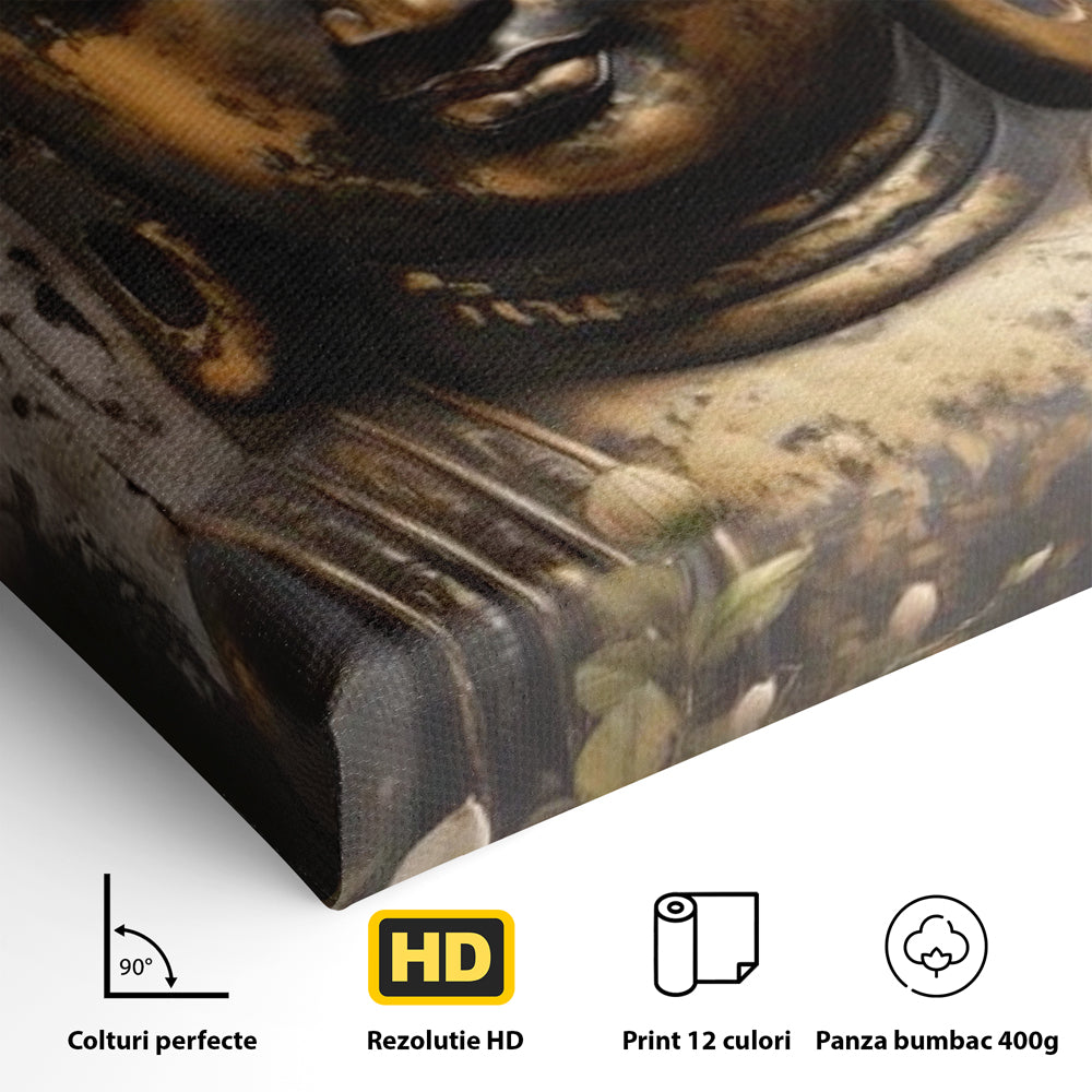 Tablou Canvas Premium LuxCanva® I128, Buddha si Floarea Sacra, Zen, Meditatie, Spiritualitate, Armonie, Pace Interioara, Echilibru, Lotus, Flori, Urna, Living, Dormitor