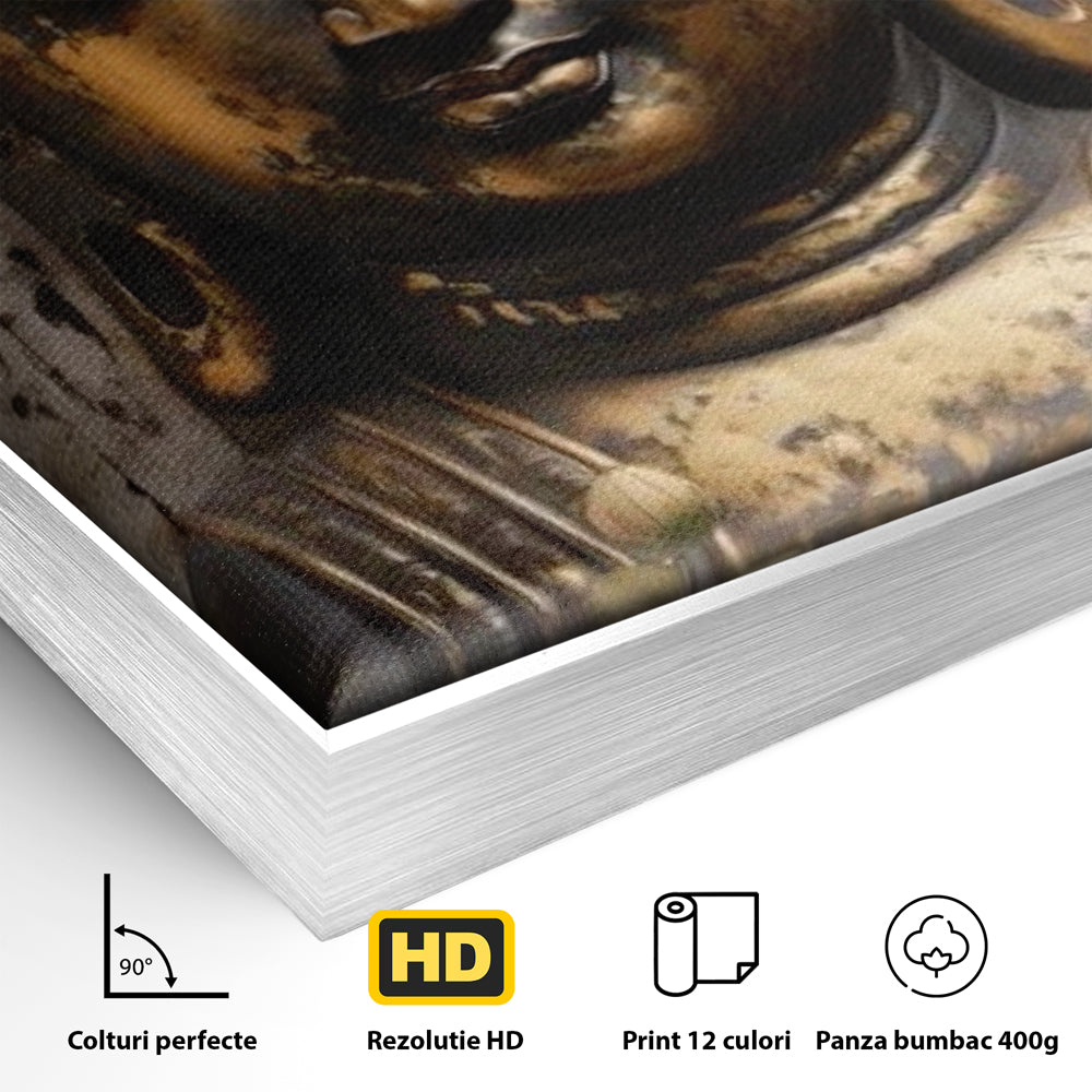 Tablou Canvas Premium LuxCanva® I128, Buddha si Floarea Sacra, Zen, Meditatie, Spiritualitate, Armonie, Pace Interioara, Echilibru, Lotus, Flori, Urna, Living, Dormitor