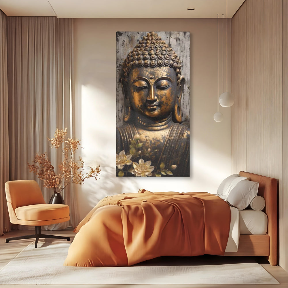 Tablou Canvas Premium LuxCanva® I128, Buddha si Floarea Sacra, Zen, Meditatie, Spiritualitate, Armonie, Pace Interioara, Echilibru, Lotus, Flori, Urna, Living, Dormitor