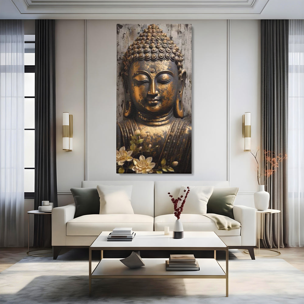 Tablou Canvas Premium LuxCanva® I128, Buddha si Floarea Sacra, Zen, Meditatie, Spiritualitate, Armonie, Pace Interioara, Echilibru, Lotus, Flori, Urna, Living, Dormitor