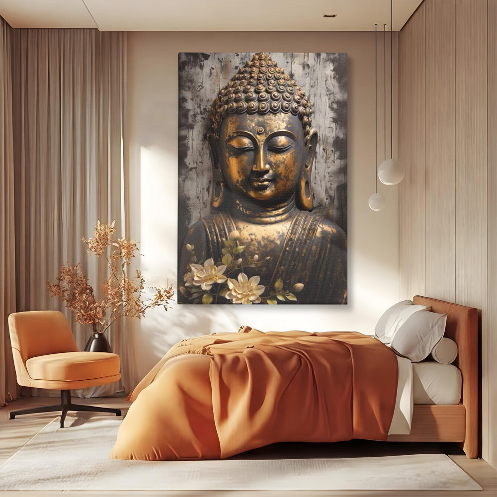 Tablou Canvas Premium LuxCanva® I128, Buddha si Floarea Sacra, Zen, Meditatie, Spiritualitate, Armonie, Pace Interioara, Echilibru, Lotus, Flori, Urna, Living, Dormitor