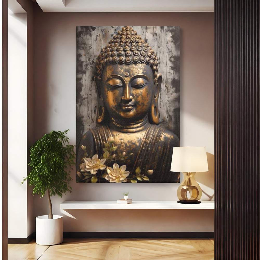 Tablou Canvas Premium LuxCanva® I128, Buddha si Floarea Sacra, Zen, Meditatie, Spiritualitate, Armonie, Pace Interioara, Echilibru, Lotus, Flori, Urna, Living, Dormitor