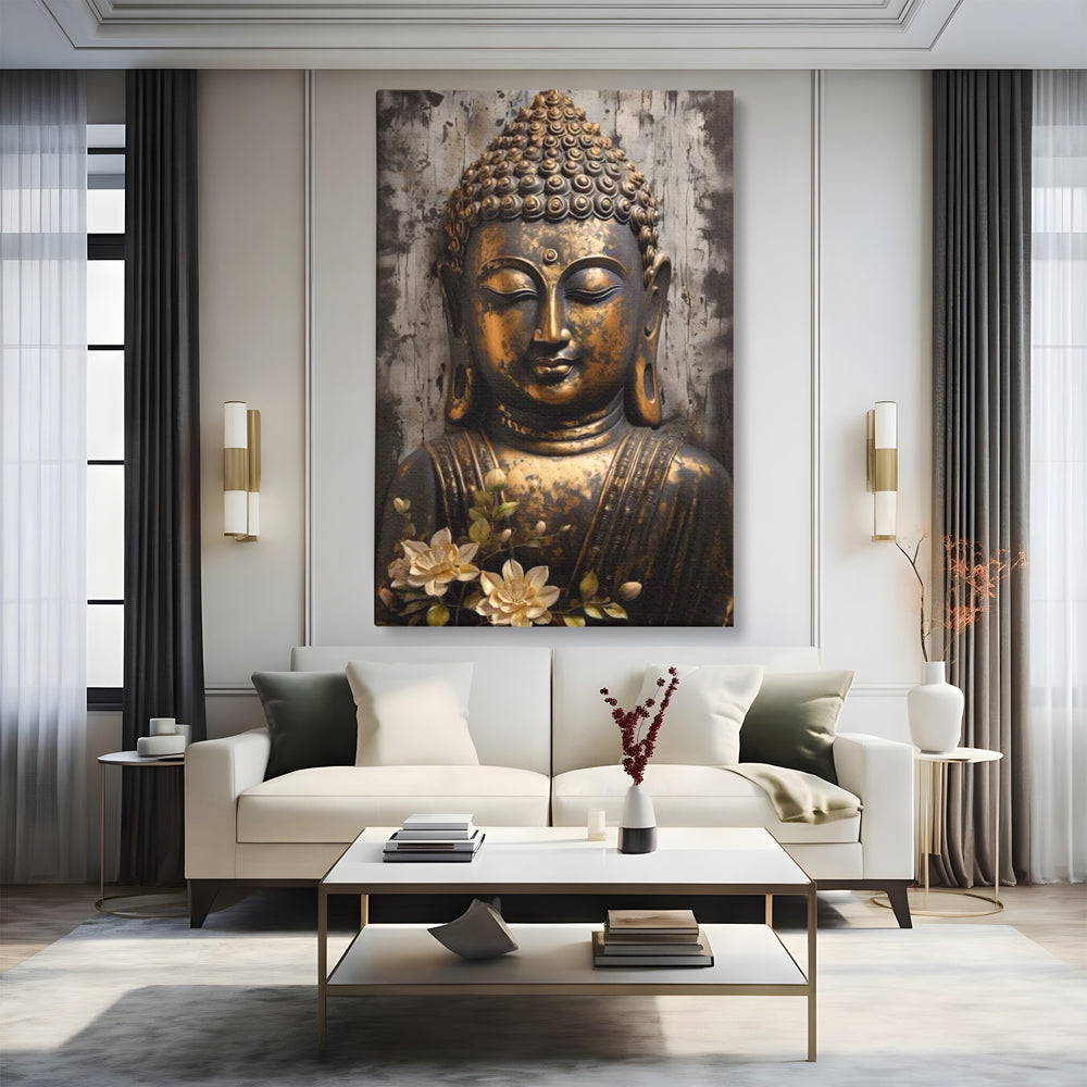 Tablou Canvas Premium LuxCanva® I128, Buddha si Floarea Sacra, Zen, Meditatie, Spiritualitate, Armonie, Pace Interioara, Echilibru, Lotus, Flori, Urna, Living, Dormitor