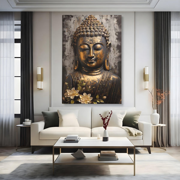 Tablou Canvas Premium LuxCanva® I128, Buddha si Floarea Sacra, Zen, Meditatie, Spiritualitate, Armonie, Pace Interioara, Echilibru, Lotus, Flori, Urna, Living, Dormitor