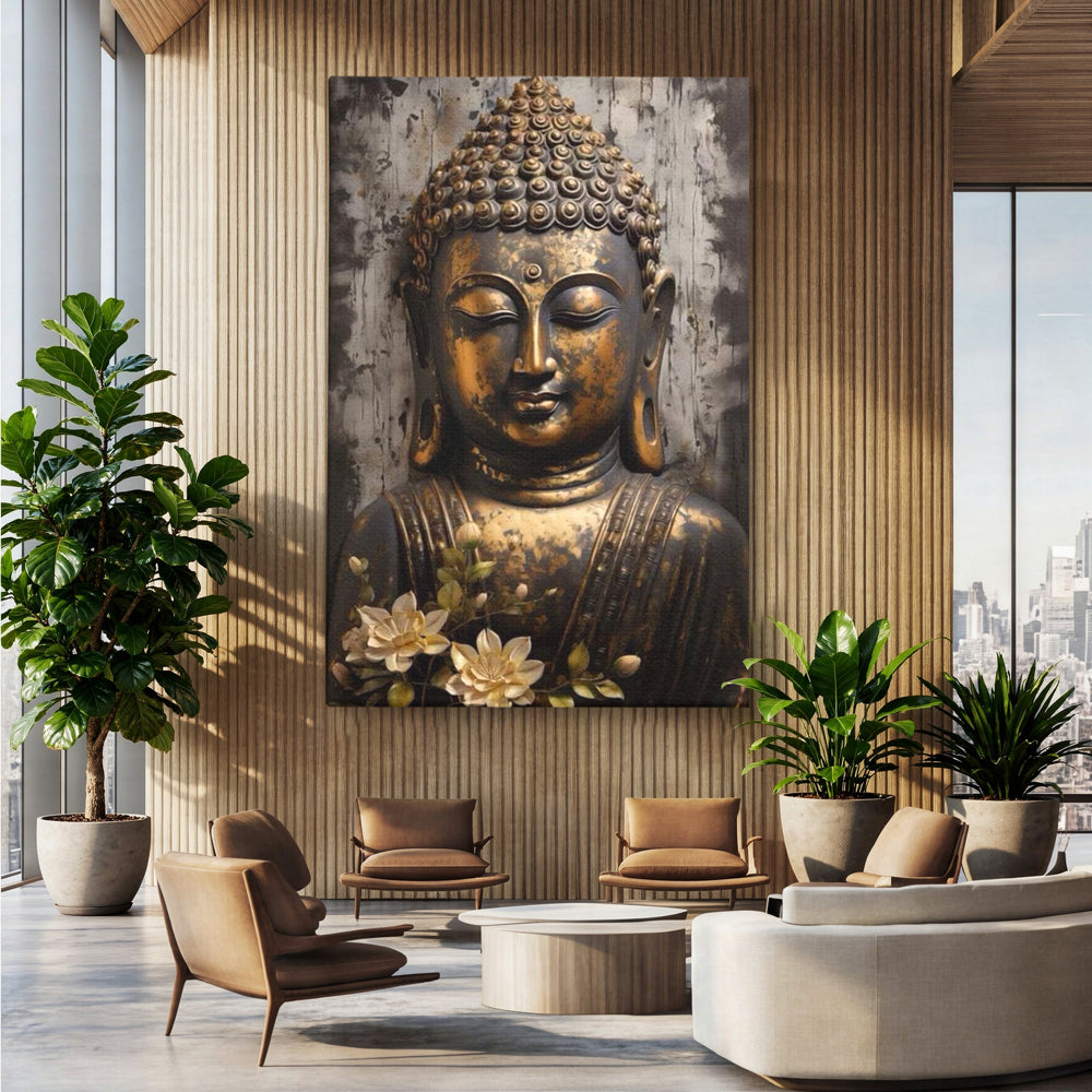 Tablou Canvas Premium LuxCanva® I128, Buddha si Floarea Sacra, Zen, Meditatie, Spiritualitate, Armonie, Pace Interioara, Echilibru, Lotus, Flori, Urna, Living, Dormitor