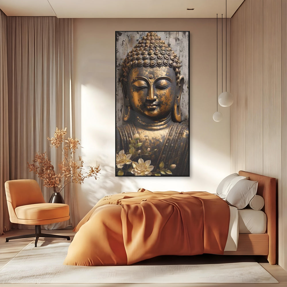 Tablou Canvas Premium LuxCanva® I128, Buddha si Floarea Sacra, Zen, Meditatie, Spiritualitate, Armonie, Pace Interioara, Echilibru, Lotus, Flori, Urna, Living, Dormitor