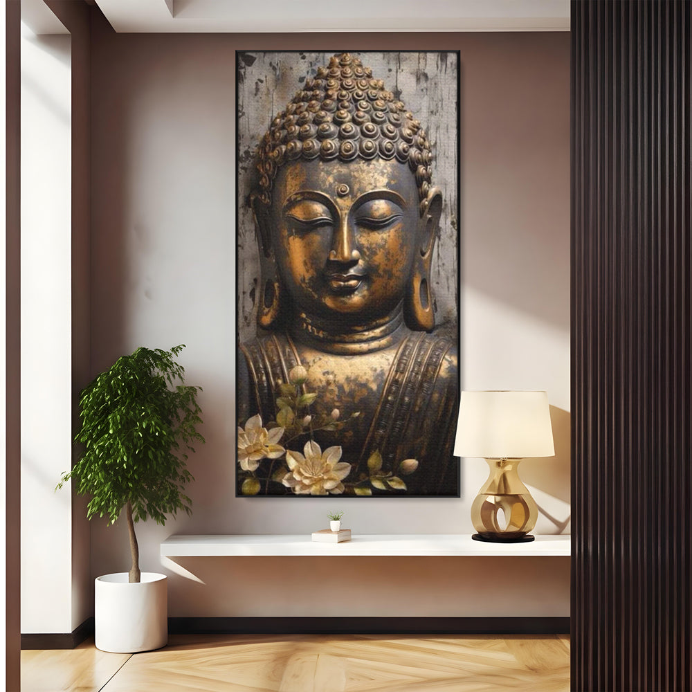 Tablou Canvas Premium LuxCanva® I128, Buddha si Floarea Sacra, Zen, Meditatie, Spiritualitate, Armonie, Pace Interioara, Echilibru, Lotus, Flori, Urna, Living, Dormitor