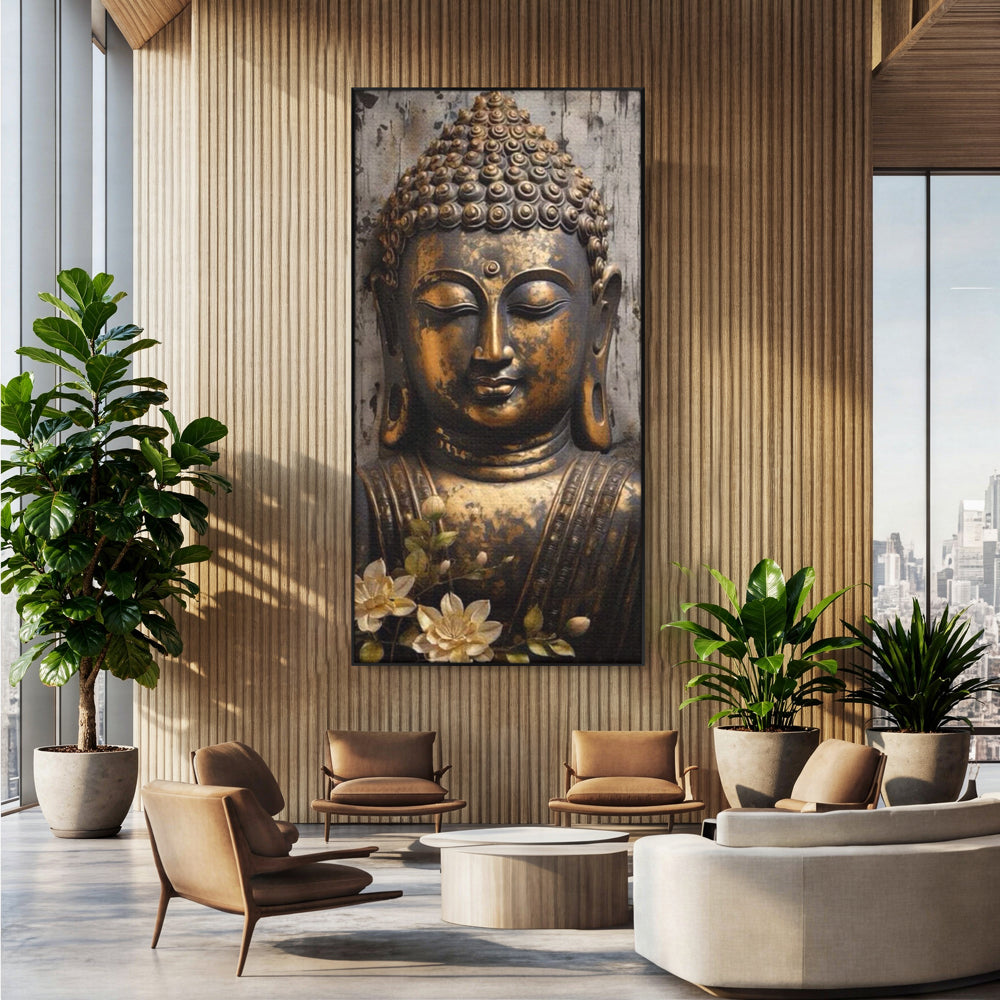 Tablou Canvas Premium LuxCanva® I128, Buddha si Floarea Sacra, Zen, Meditatie, Spiritualitate, Armonie, Pace Interioara, Echilibru, Lotus, Flori, Urna, Living, Dormitor