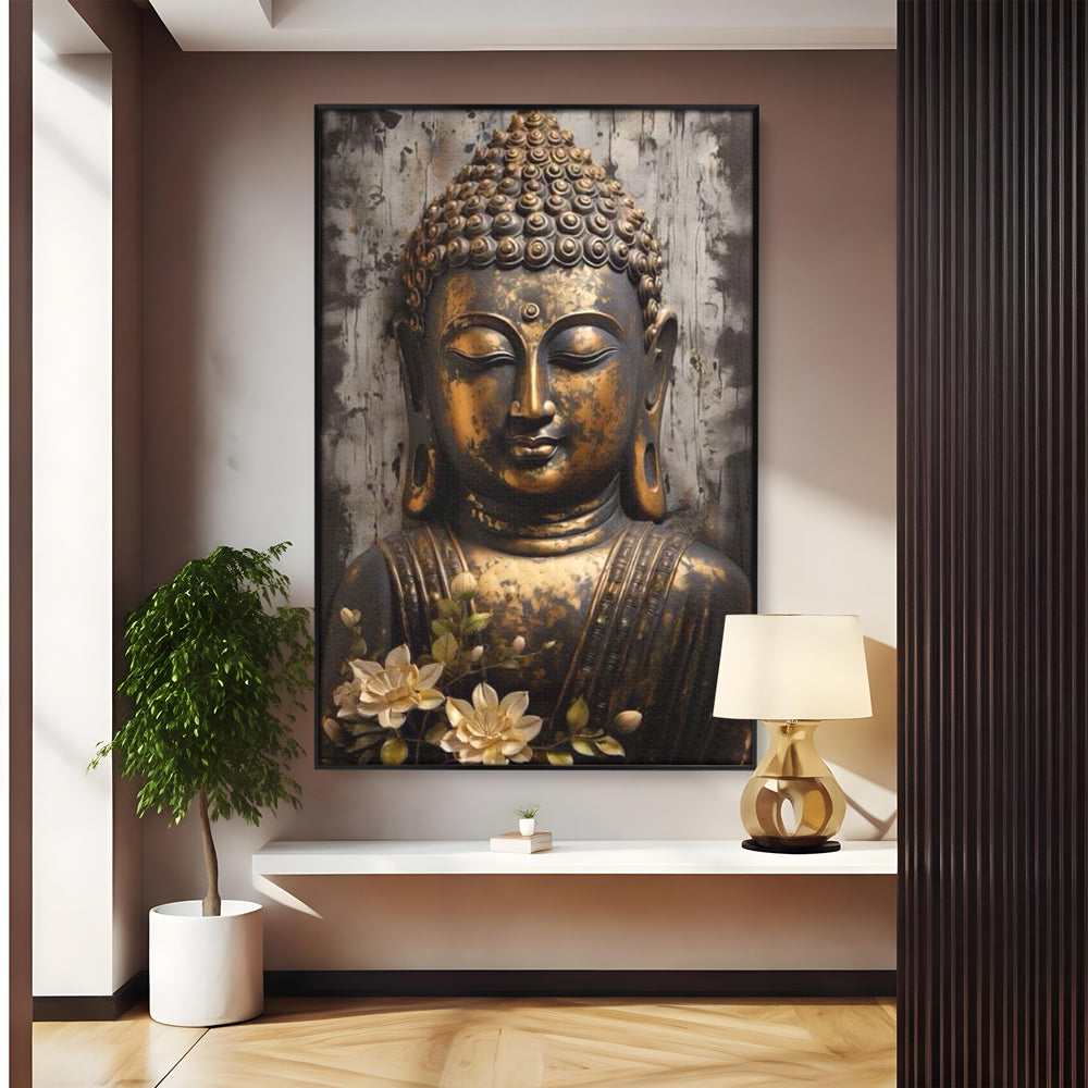 Tablou Canvas Premium LuxCanva® I128, Buddha si Floarea Sacra, Zen, Meditatie, Spiritualitate, Armonie, Pace Interioara, Echilibru, Lotus, Flori, Urna, Living, Dormitor
