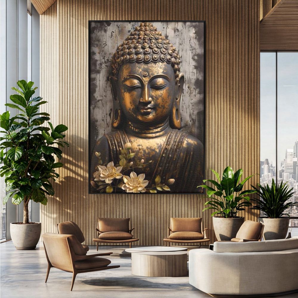 Tablou Canvas Premium LuxCanva® I128, Buddha si Floarea Sacra, Zen, Meditatie, Spiritualitate, Armonie, Pace Interioara, Echilibru, Lotus, Flori, Urna, Living, Dormitor