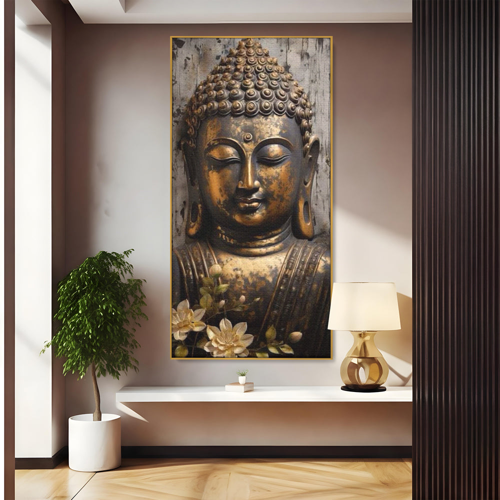 Tablou Canvas Premium LuxCanva® I128, Buddha si Floarea Sacra, Zen, Meditatie, Spiritualitate, Armonie, Pace Interioara, Echilibru, Lotus, Flori, Urna, Living, Dormitor