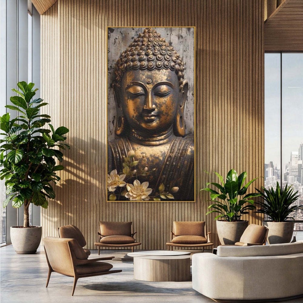 Tablou Canvas Premium LuxCanva® I128, Buddha si Floarea Sacra, Zen, Meditatie, Spiritualitate, Armonie, Pace Interioara, Echilibru, Lotus, Flori, Urna, Living, Dormitor
