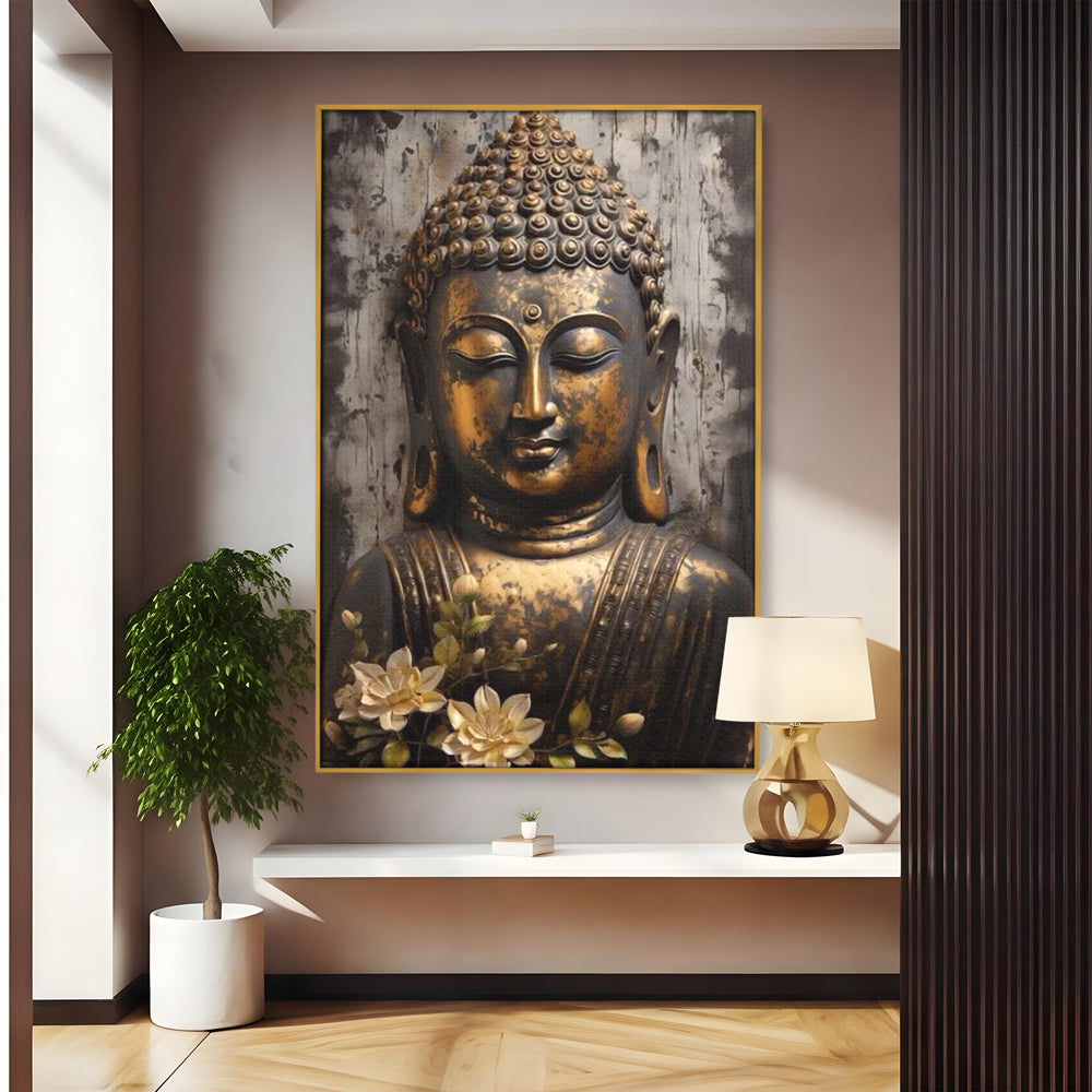 Tablou Canvas Premium LuxCanva® I128, Buddha si Floarea Sacra, Zen, Meditatie, Spiritualitate, Armonie, Pace Interioara, Echilibru, Lotus, Flori, Urna, Living, Dormitor