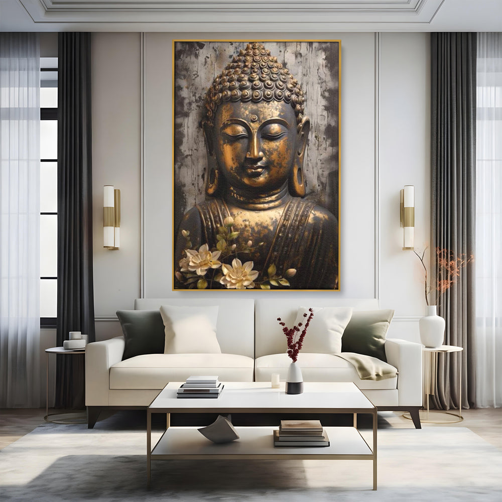 Tablou Canvas Premium LuxCanva® I128, Buddha si Floarea Sacra, Zen, Meditatie, Spiritualitate, Armonie, Pace Interioara, Echilibru, Lotus, Flori, Urna, Living, Dormitor