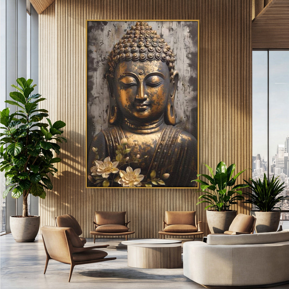 Tablou Canvas Premium LuxCanva® I128, Buddha si Floarea Sacra, Zen, Meditatie, Spiritualitate, Armonie, Pace Interioara, Echilibru, Lotus, Flori, Urna, Living, Dormitor