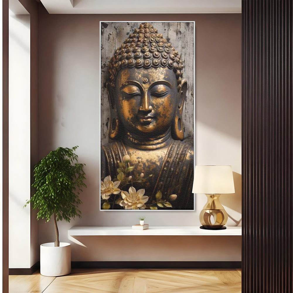 Tablou Canvas Premium LuxCanva® I128, Buddha si Floarea Sacra, Zen, Meditatie, Spiritualitate, Armonie, Pace Interioara, Echilibru, Lotus, Flori, Urna, Living, Dormitor