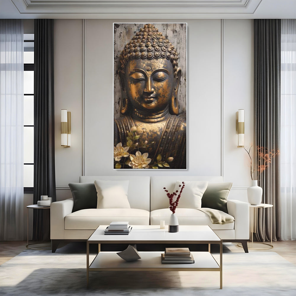 Tablou Canvas Premium LuxCanva® I128, Buddha si Floarea Sacra, Zen, Meditatie, Spiritualitate, Armonie, Pace Interioara, Echilibru, Lotus, Flori, Urna, Living, Dormitor
