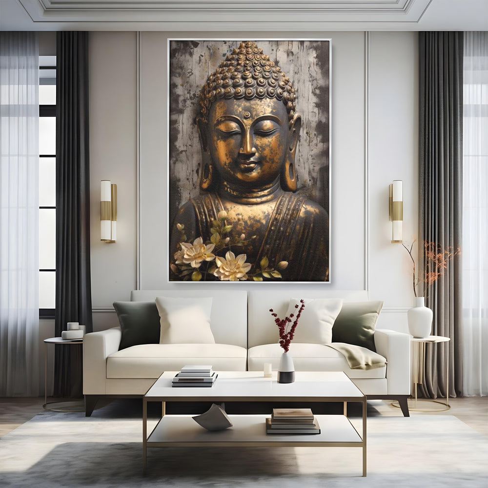 Tablou Canvas Premium LuxCanva® I128, Buddha si Floarea Sacra, Zen, Meditatie, Spiritualitate, Armonie, Pace Interioara, Echilibru, Lotus, Flori, Urna, Living, Dormitor