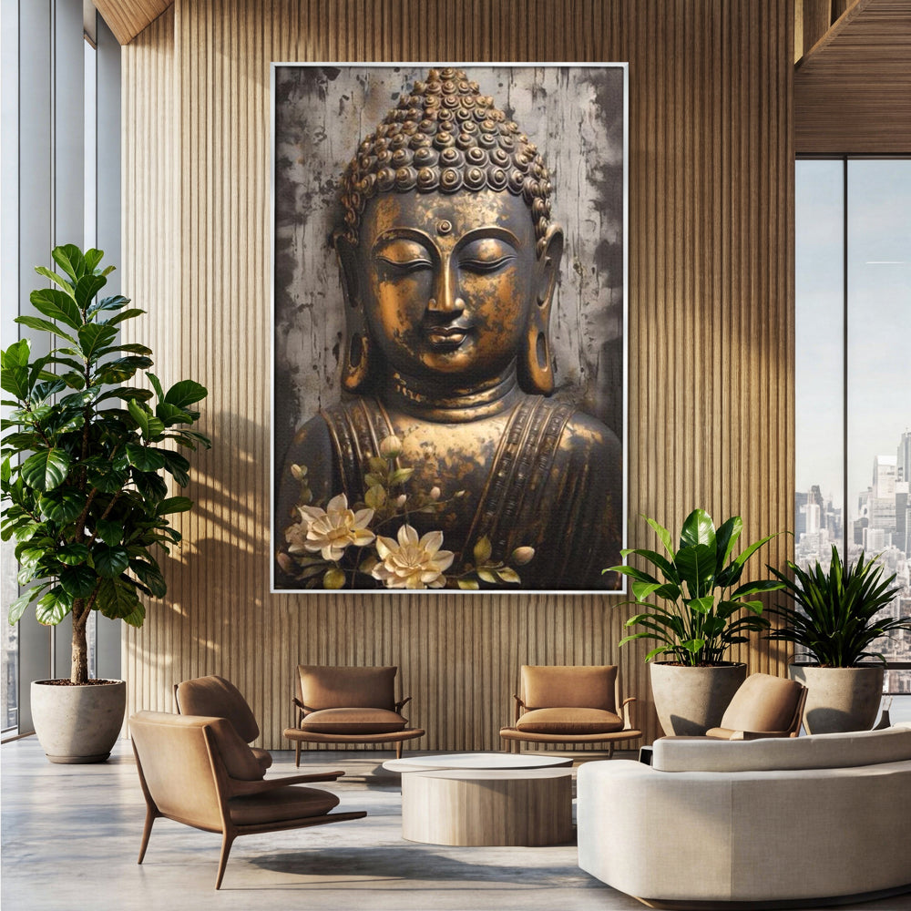 Tablou Canvas Premium LuxCanva® I128, Buddha si Floarea Sacra, Zen, Meditatie, Spiritualitate, Armonie, Pace Interioara, Echilibru, Lotus, Flori, Urna, Living, Dormitor