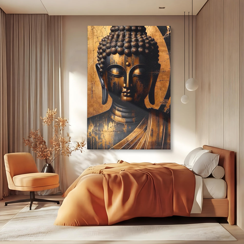 Leinwand Leinwand Wandkunst Premium LuxCanva® I130, Nirwana erreichen, Buddha, Zen, Spiritualität, Meditation, Harmonie, Erleuchtung, Erleuchtung, Gleichgewicht, Gold, Symbolisches Geschenk, Wohnen, Schlafzimmer