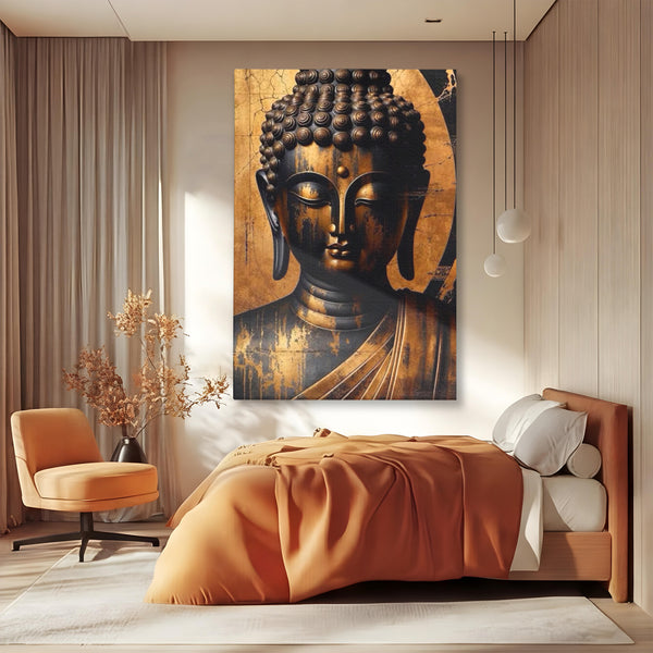 Leinwand Leinwand Wandkunst Premium LuxCanva® I130, Nirwana erreichen, Buddha, Zen, Spiritualität, Meditation, Harmonie, Erleuchtung, Erleuchtung, Gleichgewicht, Gold, Symbolisches Geschenk, Wohnen, Schlafzimmer