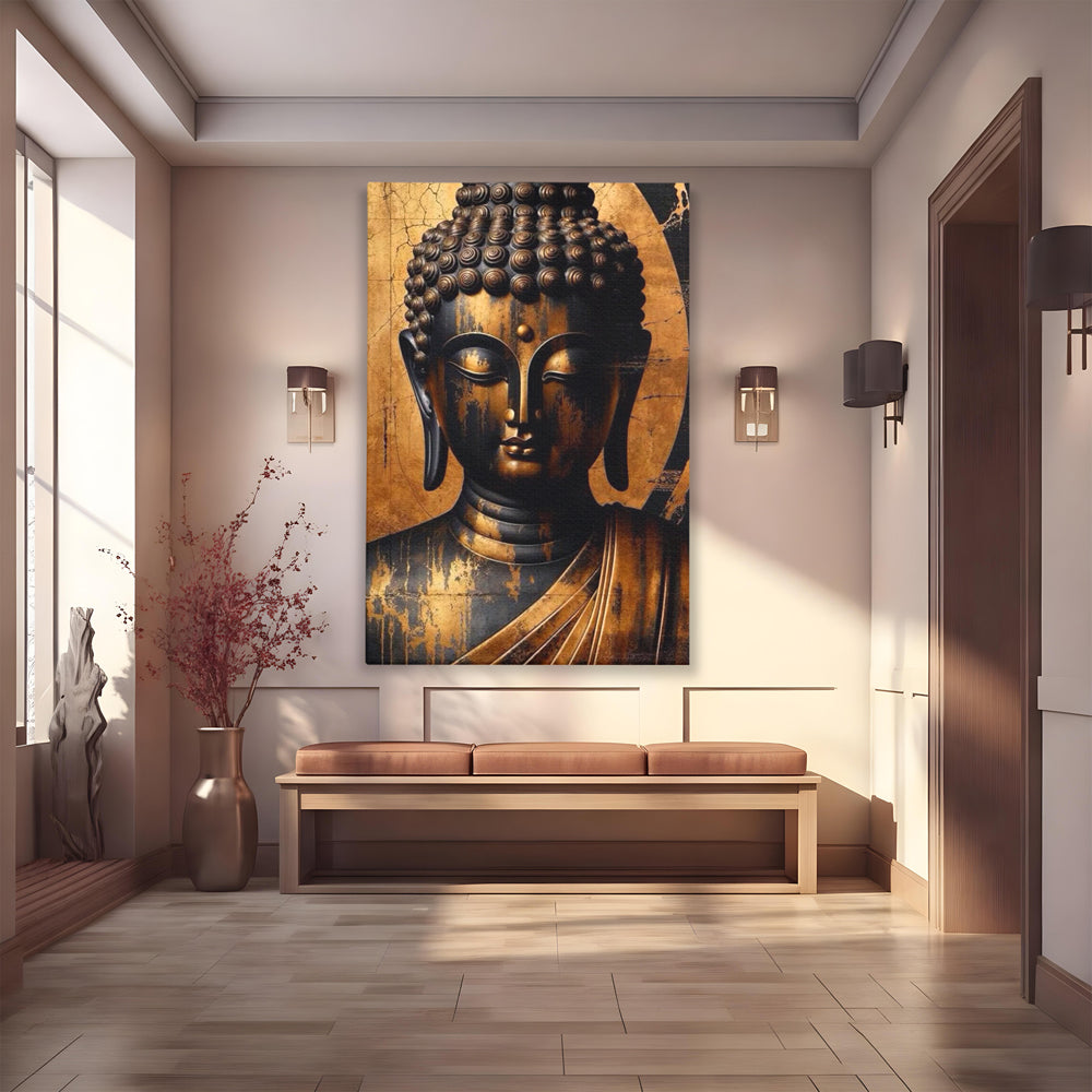 Leinwand Leinwand Wandkunst Premium LuxCanva® I130, Nirwana erreichen, Buddha, Zen, Spiritualität, Meditation, Harmonie, Erleuchtung, Erleuchtung, Gleichgewicht, Gold, Symbolisches Geschenk, Wohnen, Schlafzimmer