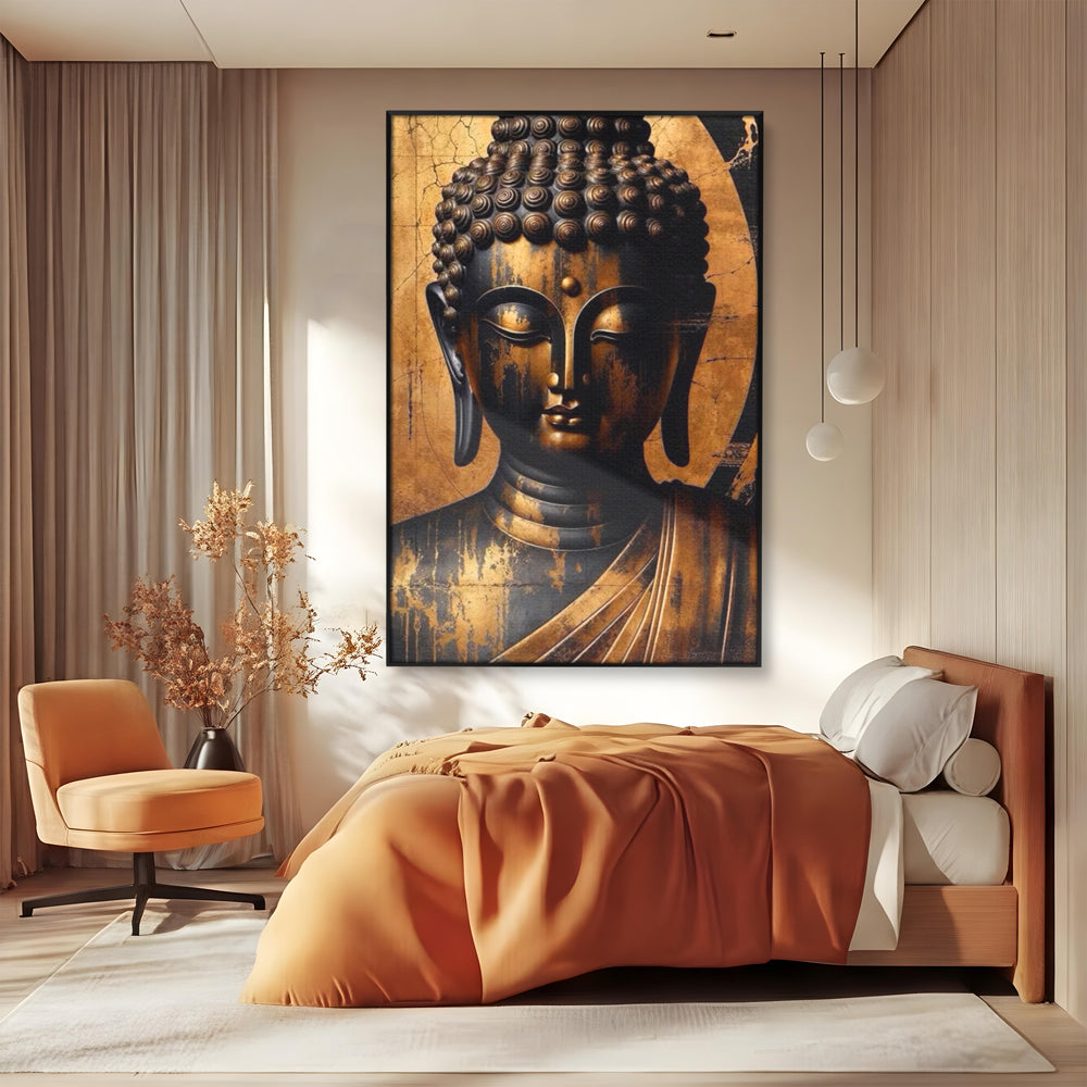 Leinwand Leinwand Wandkunst Premium LuxCanva® I130, Nirwana erreichen, Buddha, Zen, Spiritualität, Meditation, Harmonie, Erleuchtung, Erleuchtung, Gleichgewicht, Gold, Symbolisches Geschenk, Wohnen, Schlafzimmer