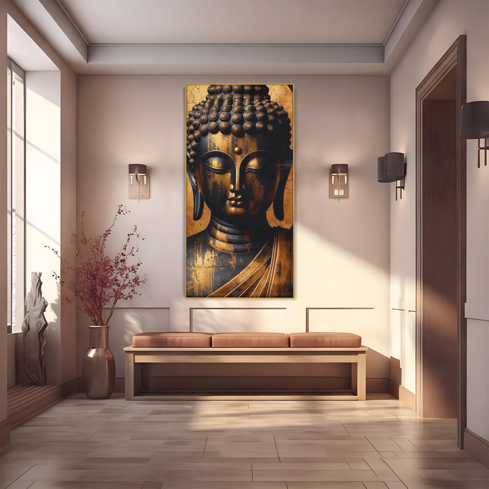 Leinwand Leinwand Wandkunst Premium LuxCanva® I130, Nirwana erreichen, Buddha, Zen, Spiritualität, Meditation, Harmonie, Erleuchtung, Erleuchtung, Gleichgewicht, Gold, Symbolisches Geschenk, Wohnen, Schlafzimmer