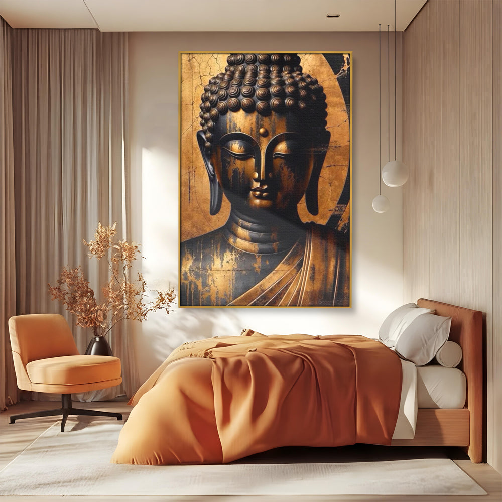 Leinwand Leinwand Wandkunst Premium LuxCanva® I130, Nirwana erreichen, Buddha, Zen, Spiritualität, Meditation, Harmonie, Erleuchtung, Erleuchtung, Gleichgewicht, Gold, Symbolisches Geschenk, Wohnen, Schlafzimmer