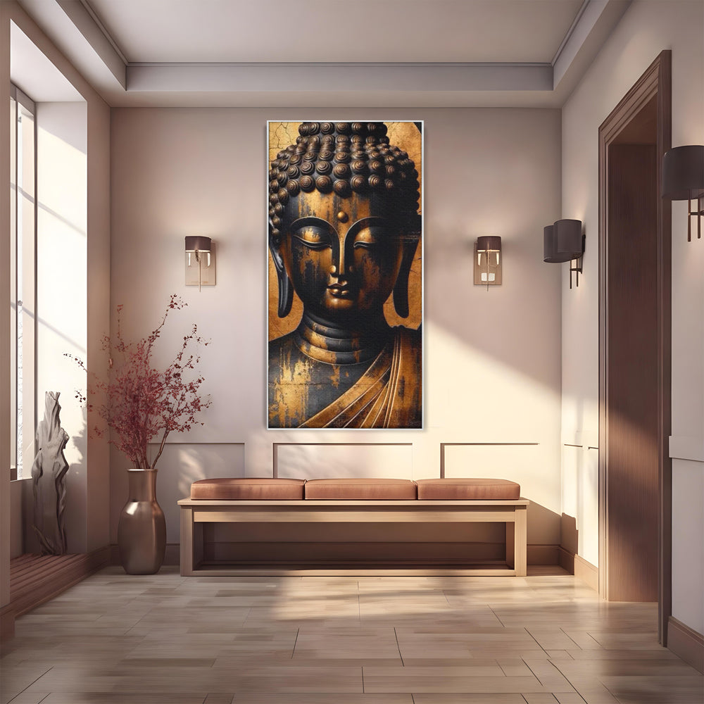 Leinwand Leinwand Wandkunst Premium LuxCanva® I130, Nirwana erreichen, Buddha, Zen, Spiritualität, Meditation, Harmonie, Erleuchtung, Erleuchtung, Gleichgewicht, Gold, Symbolisches Geschenk, Wohnen, Schlafzimmer