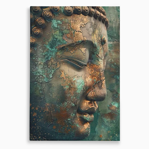 Leinwandbilder Premium LuxCanva® I133, Reflexion in der Ruine, Buddha, Zen, Meditation, Profil, Wiedergeburt, Transformation, Kontemplation, Tiefe Ruhe, Risse, Wohnen, Schlafzimmer