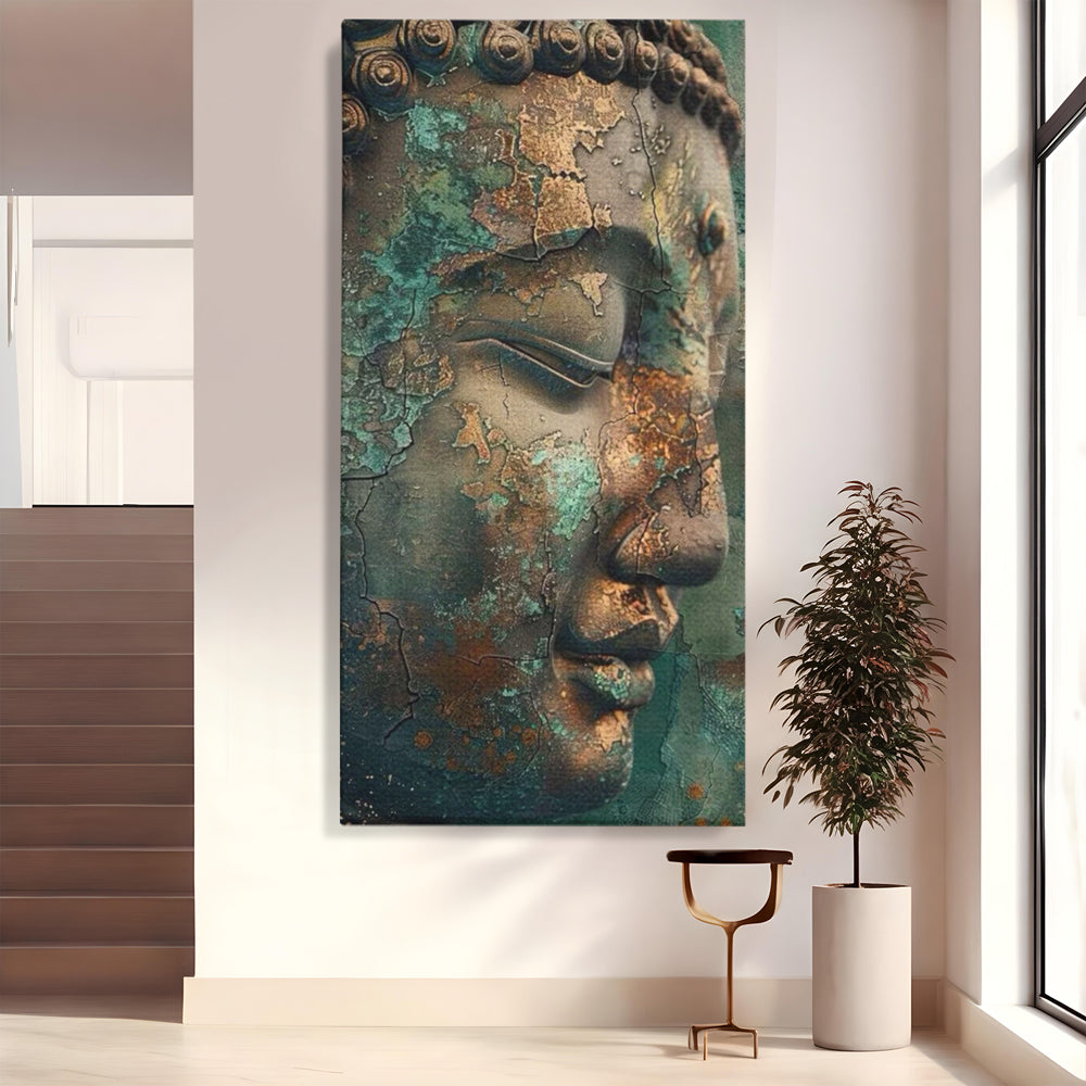 Leinwandbilder Premium LuxCanva® I133, Reflexion in der Ruine, Buddha, Zen, Meditation, Profil, Wiedergeburt, Transformation, Kontemplation, Tiefe Ruhe, Risse, Wohnen, Schlafzimmer