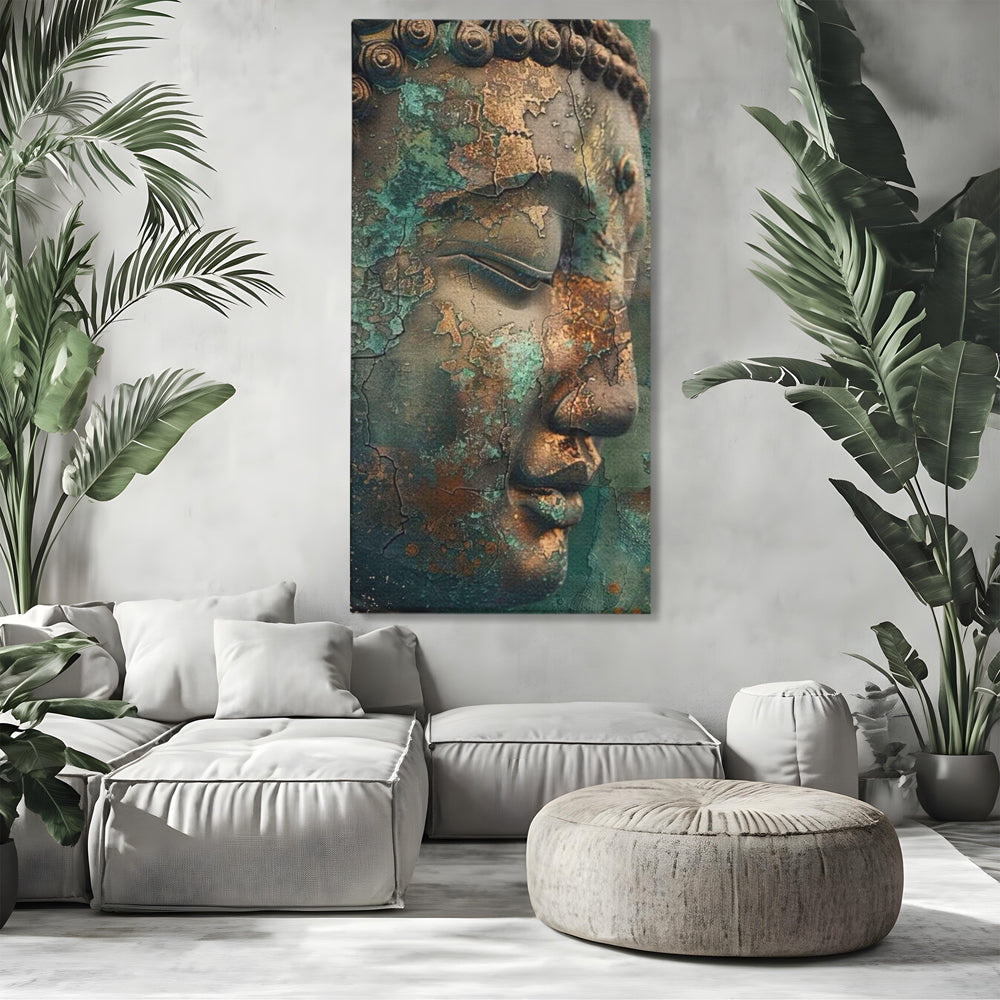 Leinwandbilder Premium LuxCanva® I133, Reflexion in der Ruine, Buddha, Zen, Meditation, Profil, Wiedergeburt, Transformation, Kontemplation, Tiefe Ruhe, Risse, Wohnen, Schlafzimmer