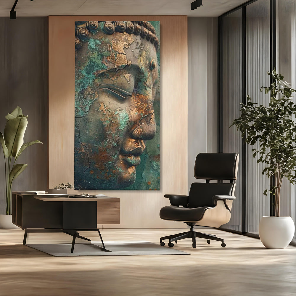 Leinwandbilder Premium LuxCanva® I133, Reflexion in der Ruine, Buddha, Zen, Meditation, Profil, Wiedergeburt, Transformation, Kontemplation, Tiefe Ruhe, Risse, Wohnen, Schlafzimmer