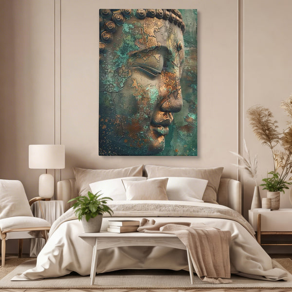 Leinwandbilder Premium LuxCanva® I133, Reflexion in der Ruine, Buddha, Zen, Meditation, Profil, Wiedergeburt, Transformation, Kontemplation, Tiefe Ruhe, Risse, Wohnen, Schlafzimmer