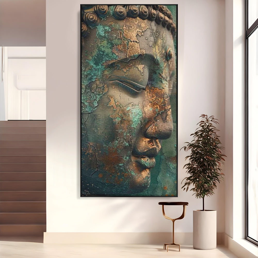 Leinwandbilder Premium LuxCanva® I133, Reflexion in der Ruine, Buddha, Zen, Meditation, Profil, Wiedergeburt, Transformation, Kontemplation, Tiefe Ruhe, Risse, Wohnen, Schlafzimmer
