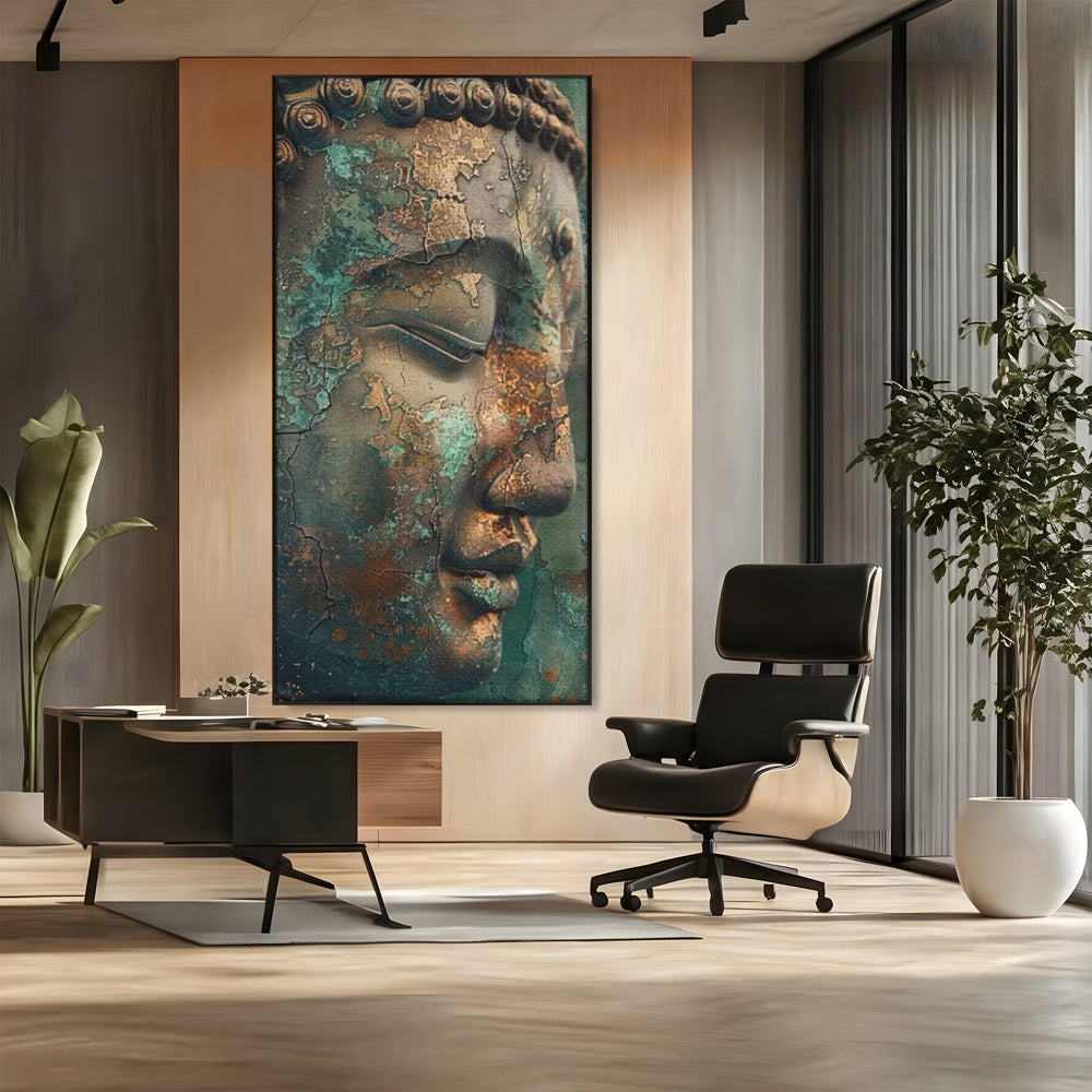 Leinwandbilder Premium LuxCanva® I133, Reflexion in der Ruine, Buddha, Zen, Meditation, Profil, Wiedergeburt, Transformation, Kontemplation, Tiefe Ruhe, Risse, Wohnen, Schlafzimmer