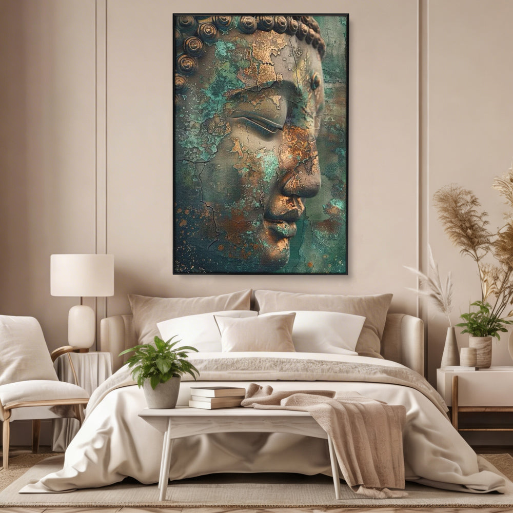 Leinwandbilder Premium LuxCanva® I133, Reflexion in der Ruine, Buddha, Zen, Meditation, Profil, Wiedergeburt, Transformation, Kontemplation, Tiefe Ruhe, Risse, Wohnen, Schlafzimmer