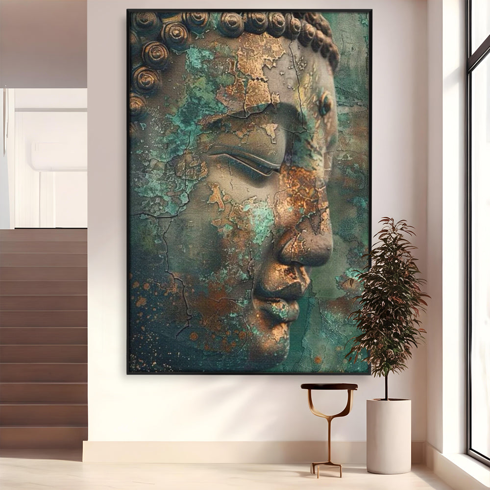 Leinwandbilder Premium LuxCanva® I133, Reflexion in der Ruine, Buddha, Zen, Meditation, Profil, Wiedergeburt, Transformation, Kontemplation, Tiefe Ruhe, Risse, Wohnen, Schlafzimmer