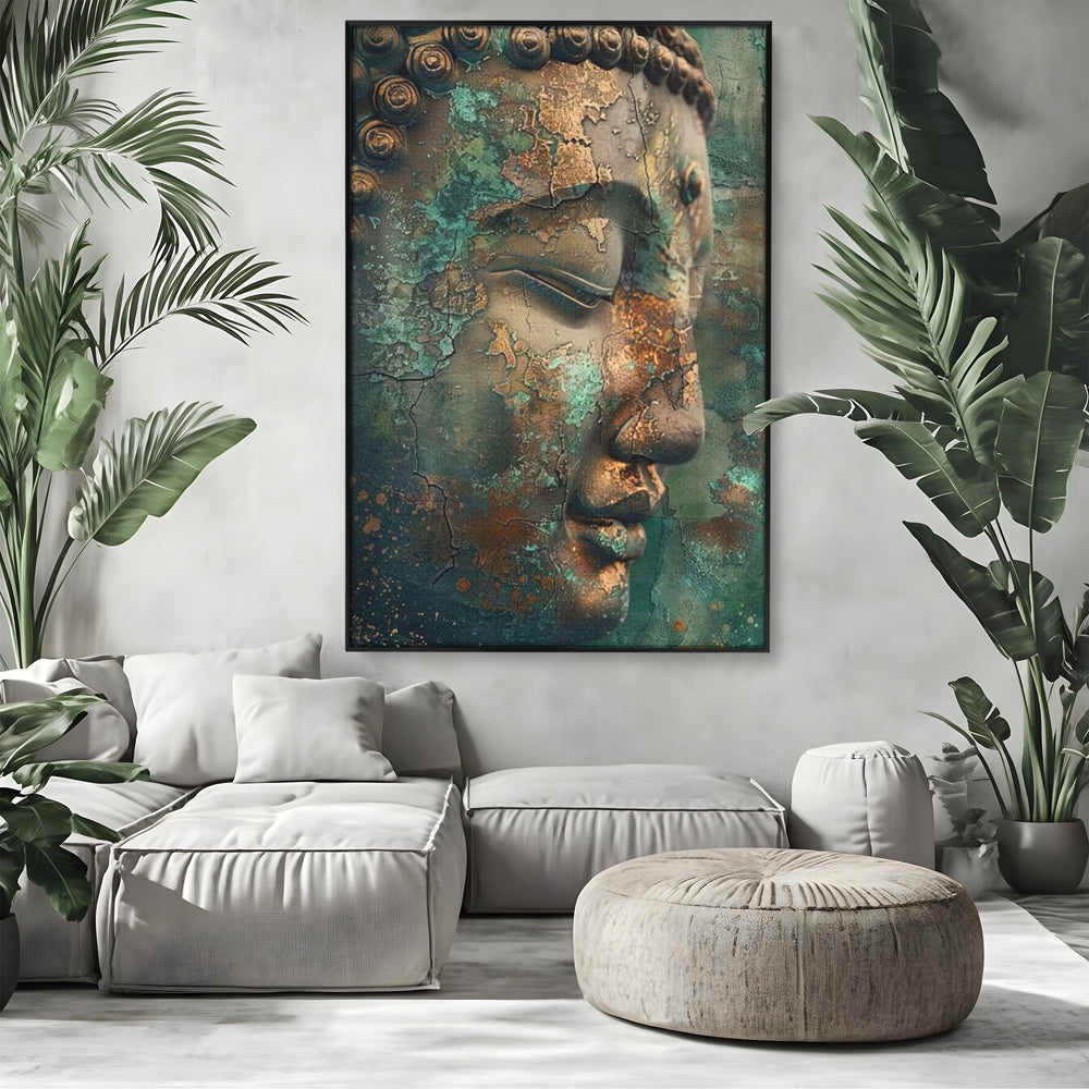Leinwandbilder Premium LuxCanva® I133, Reflexion in der Ruine, Buddha, Zen, Meditation, Profil, Wiedergeburt, Transformation, Kontemplation, Tiefe Ruhe, Risse, Wohnen, Schlafzimmer