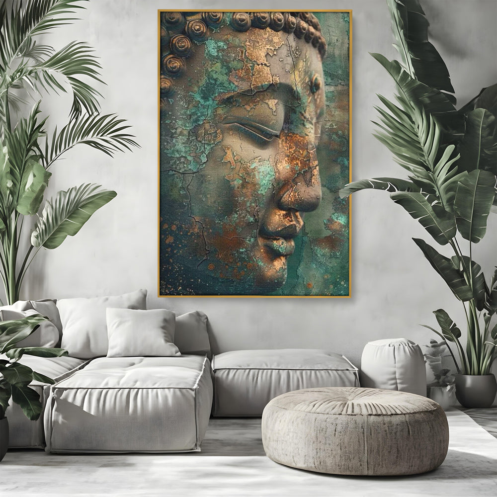 Leinwandbilder Premium LuxCanva® I133, Reflexion in der Ruine, Buddha, Zen, Meditation, Profil, Wiedergeburt, Transformation, Kontemplation, Tiefe Ruhe, Risse, Wohnen, Schlafzimmer