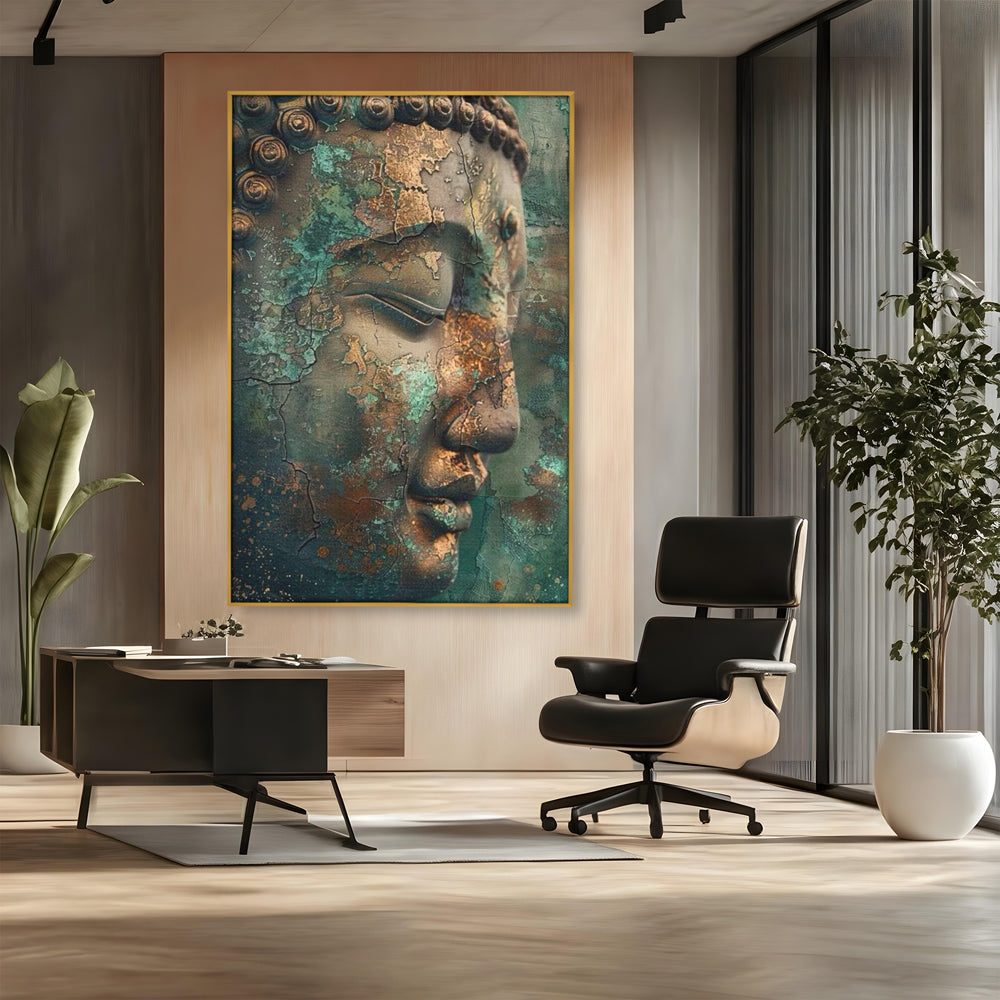 Leinwandbilder Premium LuxCanva® I133, Reflexion in der Ruine, Buddha, Zen, Meditation, Profil, Wiedergeburt, Transformation, Kontemplation, Tiefe Ruhe, Risse, Wohnen, Schlafzimmer