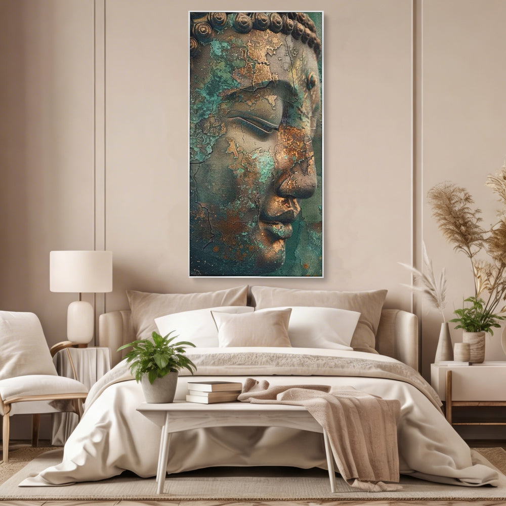 Leinwandbilder Premium LuxCanva® I133, Reflexion in der Ruine, Buddha, Zen, Meditation, Profil, Wiedergeburt, Transformation, Kontemplation, Tiefe Ruhe, Risse, Wohnen, Schlafzimmer