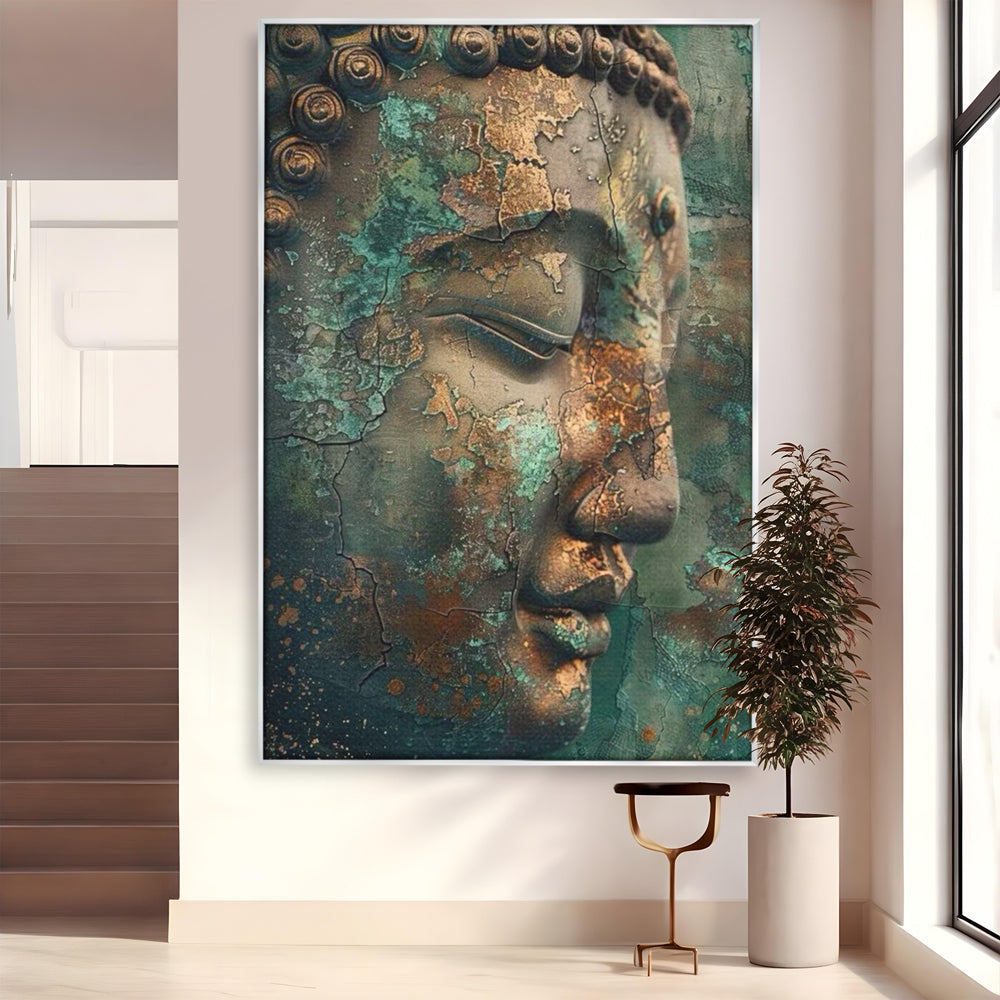 Leinwandbilder Premium LuxCanva® I133, Reflexion in der Ruine, Buddha, Zen, Meditation, Profil, Wiedergeburt, Transformation, Kontemplation, Tiefe Ruhe, Risse, Wohnen, Schlafzimmer