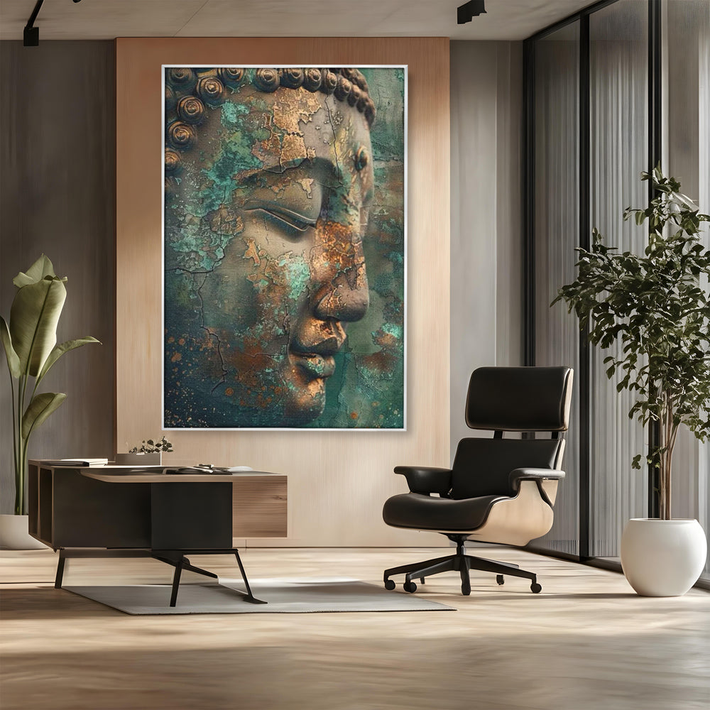Leinwandbilder Premium LuxCanva® I133, Reflexion in der Ruine, Buddha, Zen, Meditation, Profil, Wiedergeburt, Transformation, Kontemplation, Tiefe Ruhe, Risse, Wohnen, Schlafzimmer