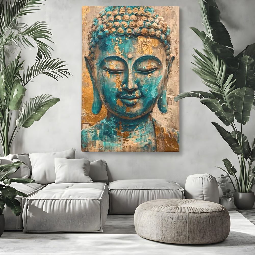 Leinwand Leinwand Wandkunst Premium LuxCanva® I134, Türkis Geist, Buddha, Zen, Meditation, Ruhe, Harmonie, Mystik, Emotion, innerer Frieden, Wiedergeburt, Malerei, Kunst, Wohnen, Schlafzimmer